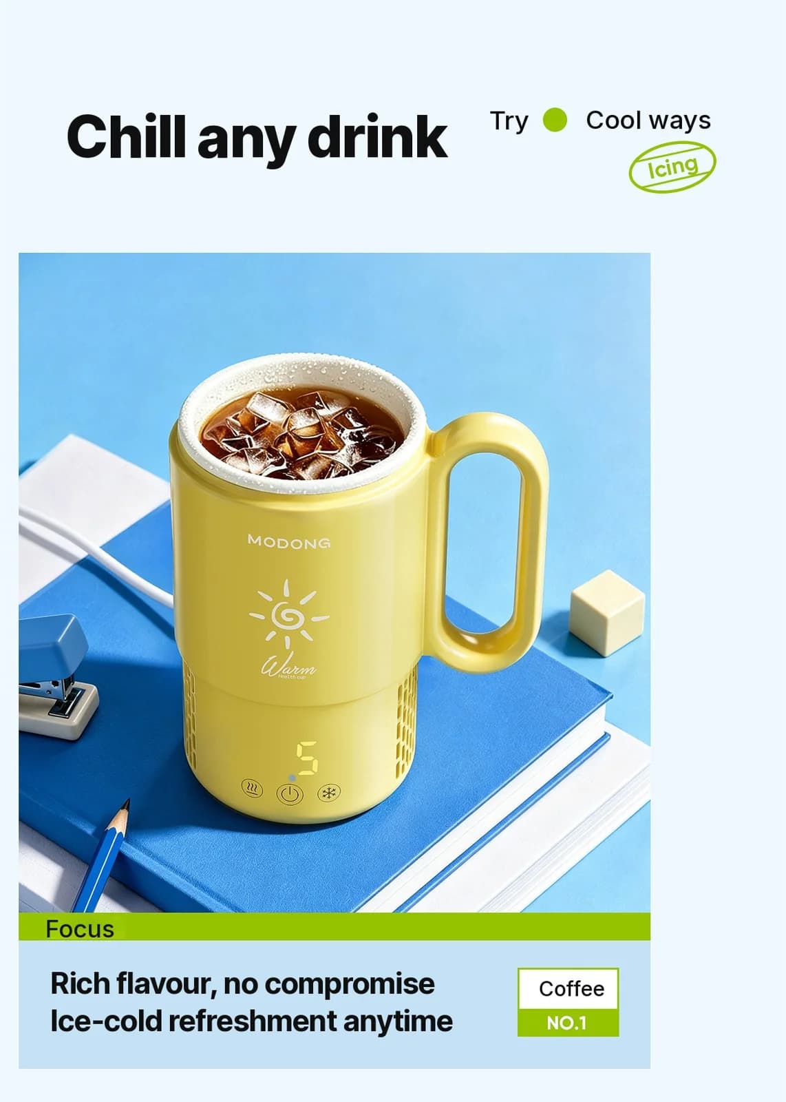 แก้วทำความร้อนและทำความเย็นแบบพกพา 450mL 36W ระบบสัมผัส