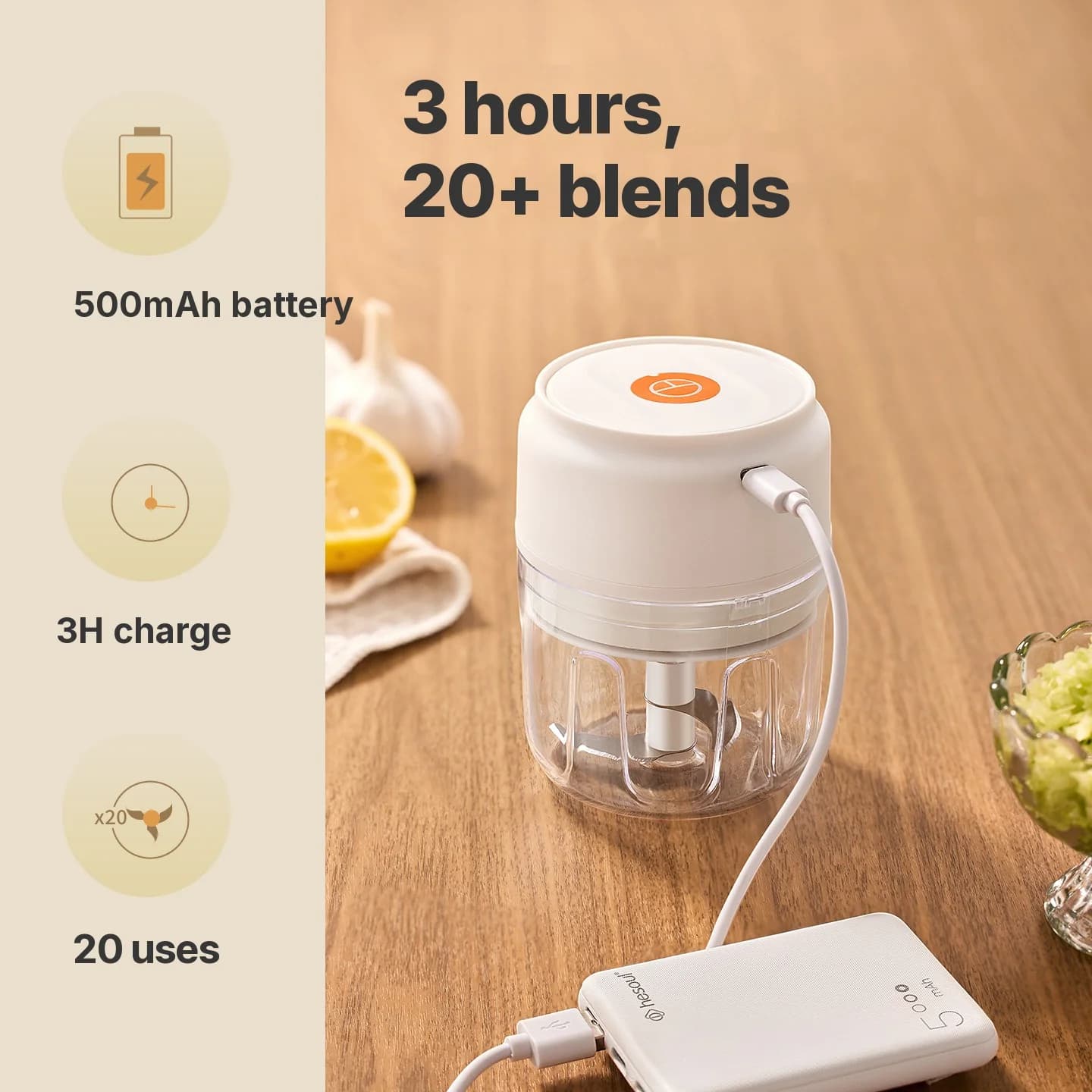 แก้วสับกระเทียมไฟฟ้าไร้สาย 250mL 5V 30W พลาสติก