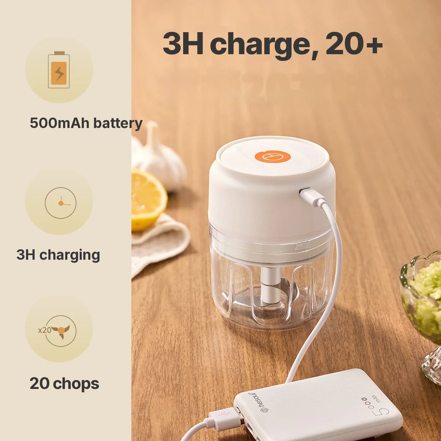 โถสับกระเทียมไฟฟ้าไร้สาย 250mL 5V 30W พลาสติก